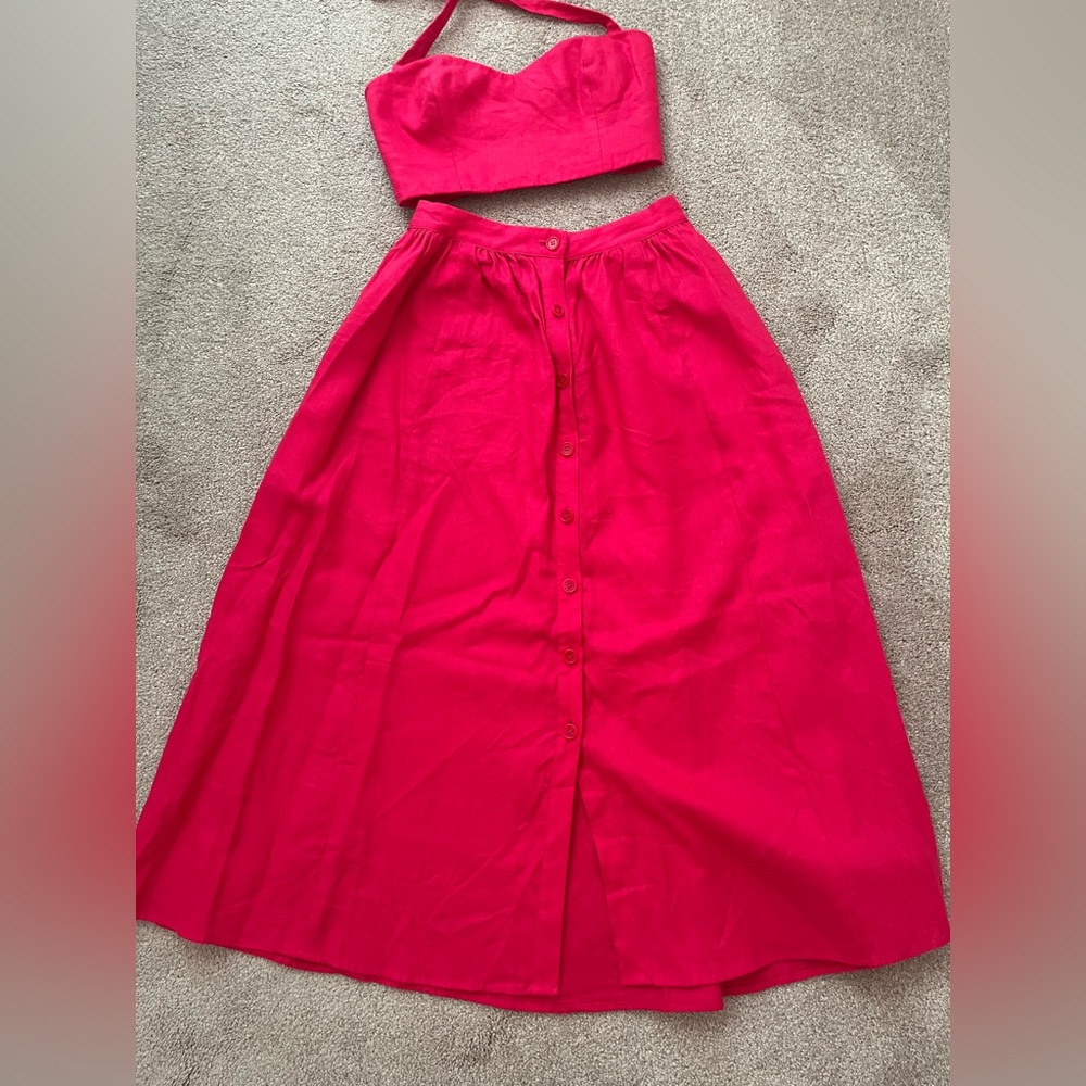 Reformation Orzo Linen Two Piece Midi skirt and top pink size 0 - Picture 5 of 7